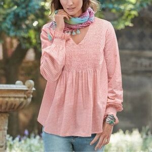 Sundance The Julia Smocked Tunic Top Women’s M Peach Pink Cream Striped Boho